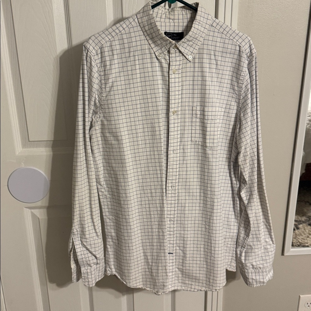 GAP Blue and White Grid Button-Up Shirt Oxford Shirt, Large Tall
